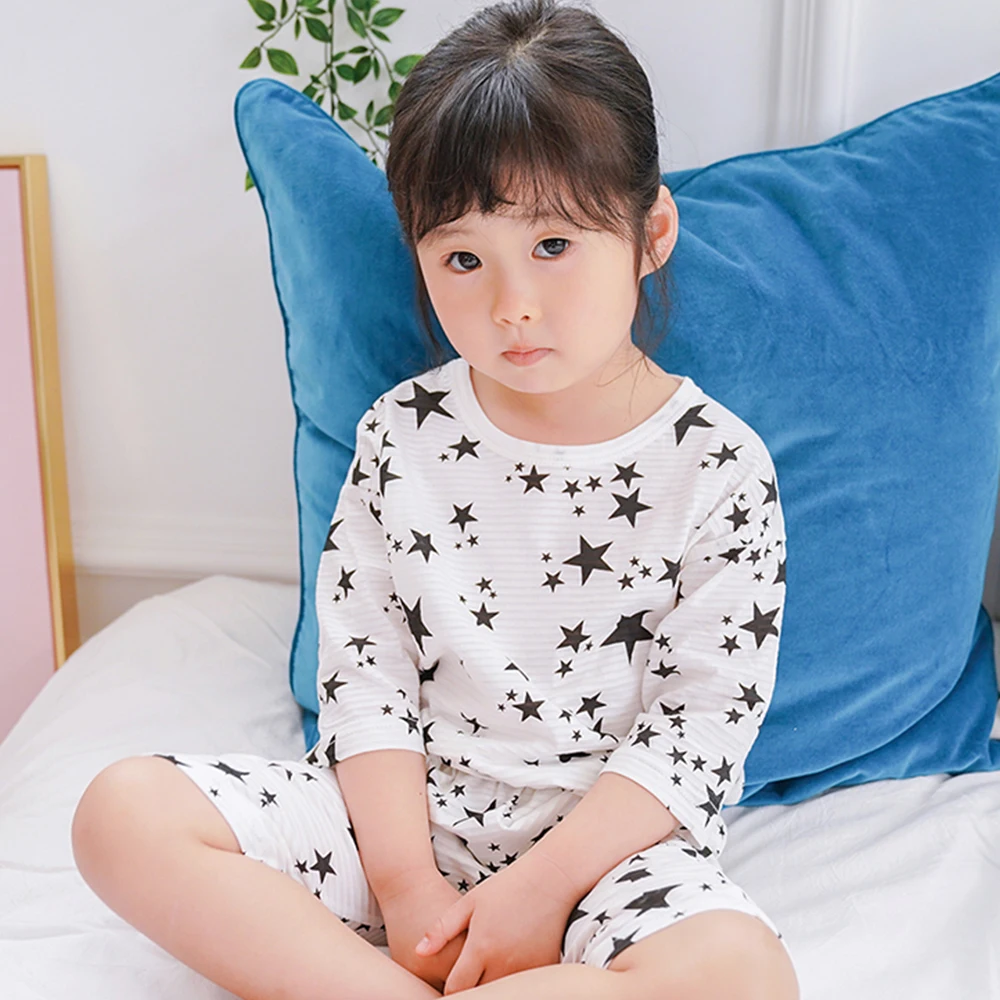 

HT2180-04 Spring Summer Children Pajamas Set Boys girls Cartoon Nightwear Kids Printing Sleepwear T-shirt+Pant Baby Nightdress
