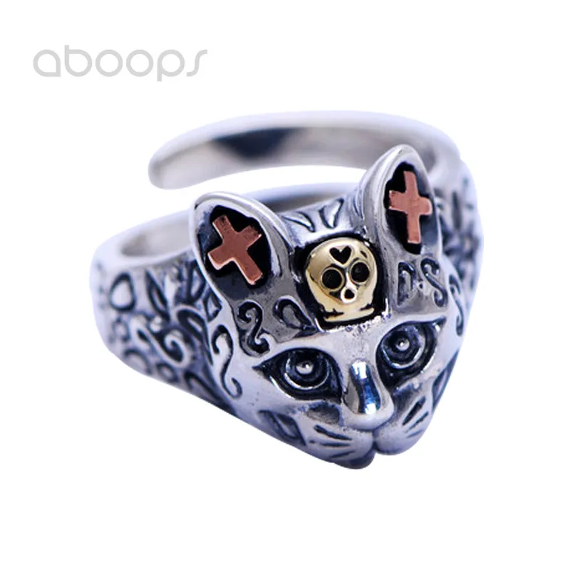 

Vintage Three Tone 925 Sterling Silver Cat Head Open Ring for Women Girls Adjustable Free Shipping