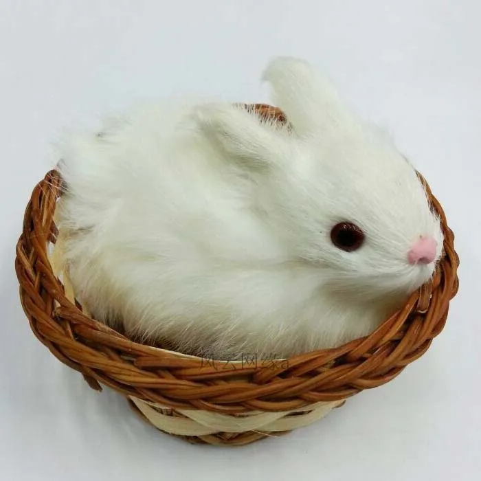 

simulation cute white rabbit 10x7cm model polyethylene&furs rabbit with basket model home decoration props ,model gift d567