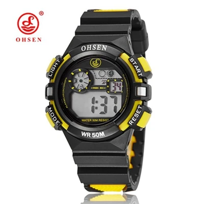 Новинка Ohsen цифровые ЖК-часы для мальчиков детские спортивные наручные часы 50 Водонепроницаемый зеленый резиновый ремешок для детей студенческий крутой будильник часы подарки - Цвет: Цвет: желтый