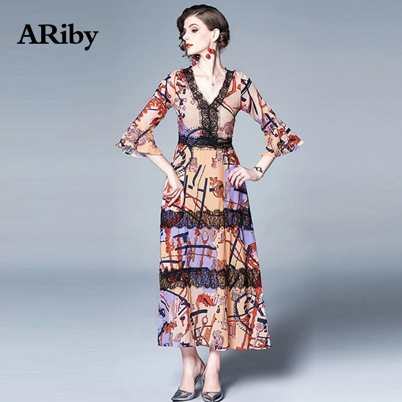 Women Dress Summer Long Maxi Dress 2019 Elegant Office Lady Lace Splice V-collar Printed Butterfly Sleeve Empire A-Line Dresses