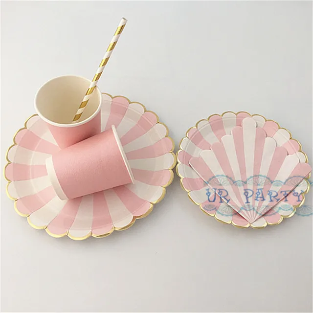 32 Sets Pink Gold Foil Tableware Paper Beverage Napkins Cups 32 Sets Pink Gold Foil Tableware Paper Beverage Napkins Cups Straws Striped Dinner Plates