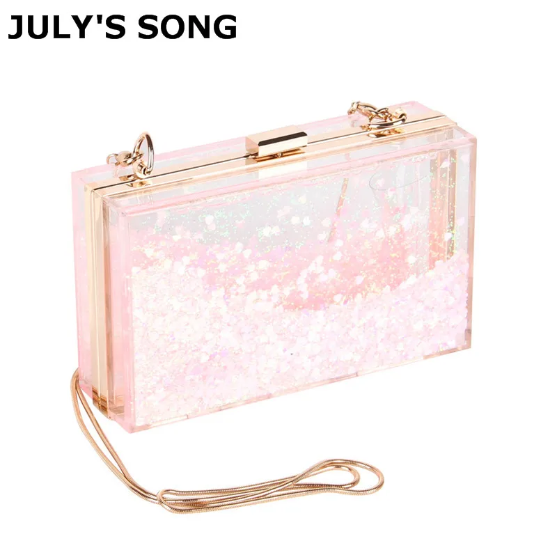 

JULY'S SONG Pink Liquid Box Sequins Acrylic Clutch Bag Women Shoulder Bags Hard Evening Bags Wedding Crossbody Purse