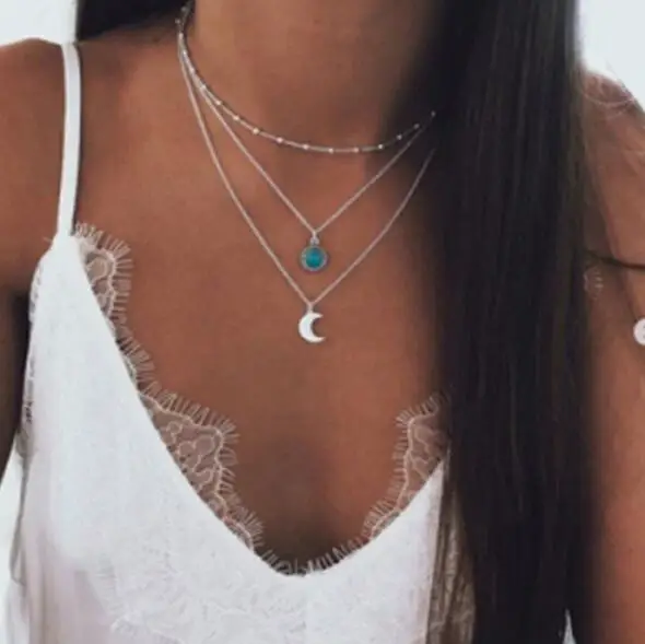 

Bohemian jewelry 2019 new fashion pop jewelry moon three-layer multi-layer necklace female wholesale