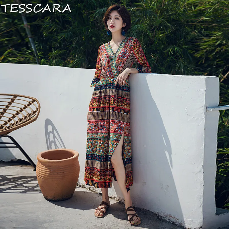 

TESSCARA Women Summer Long Casual Dress Festa Female High Quality Vintage Bohemian Designer Robe Femme Vocation Party Vestidos