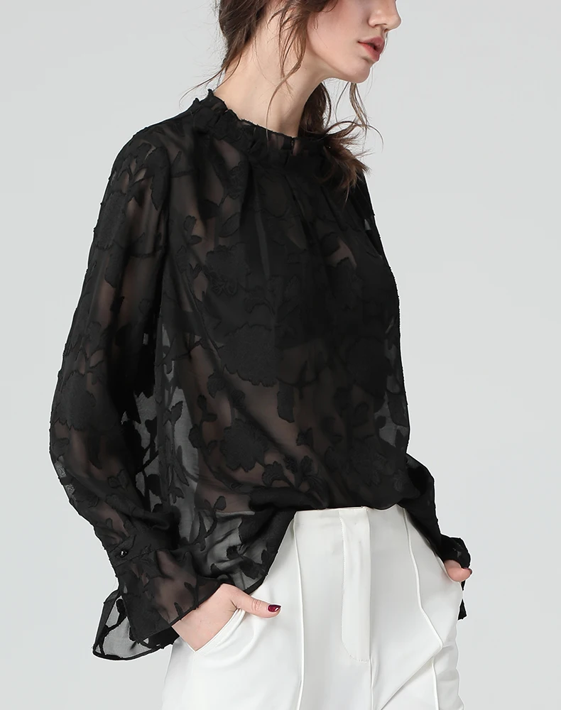 Женская прозрачная шифоновая блузка с цветочным рисунком, с рюшами, расклешенная, с длинным рукавом, черный топ с бюстгальтером, сексуальная свободная, размера плюс, женские летние блузки