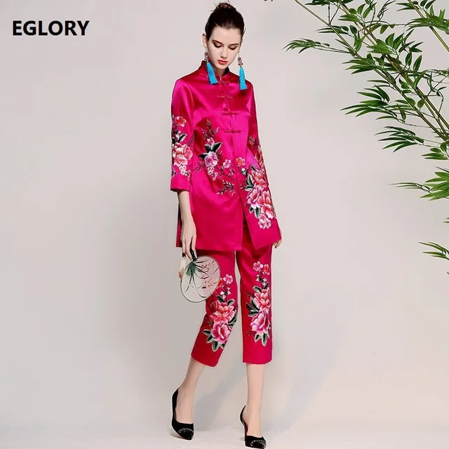 

New Pants Sets Women Suit 2018 Spring Summer Female Lux Embroidery Floral Vintage Buttons Long Coats Jacket+Slim Pant Capris