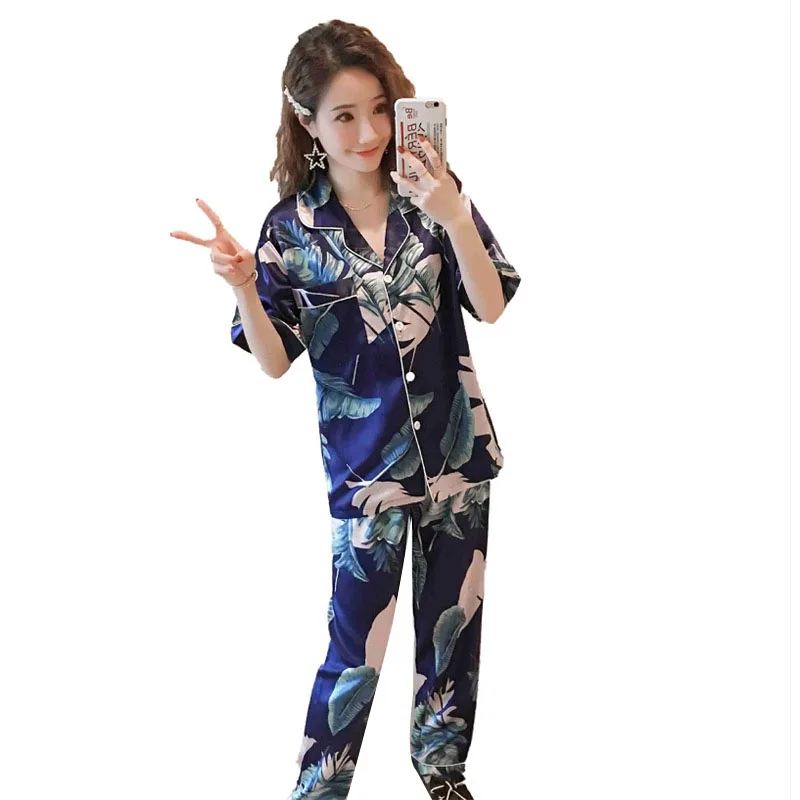 

Pyjamas Women 2019 New Spring Fall Leaves Pijamas Set Silk Feeling Sleepwear Pajamas for women Pyjama