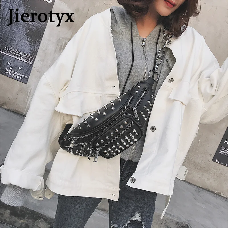 JIEROTYX الجلود الخصر حقيبة النساء الفاخرة العلامة التجارية الخصر فاني حزم حقيبة بحزام الصدر يد أسود اللون مثير المسامير الشرير القوطية