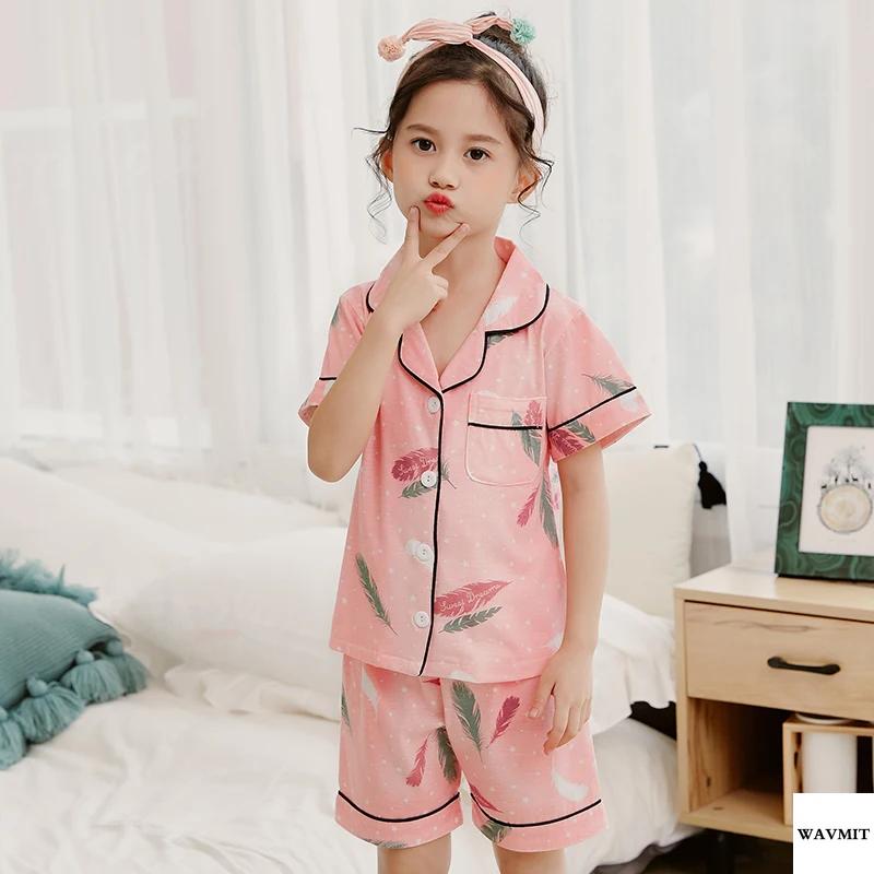 

Pajamas for Girls Full Cotton Short Sleeved Sleepwear Top +Pants Summer Big Kids Princess Nightwear Set Children's Day Gifts