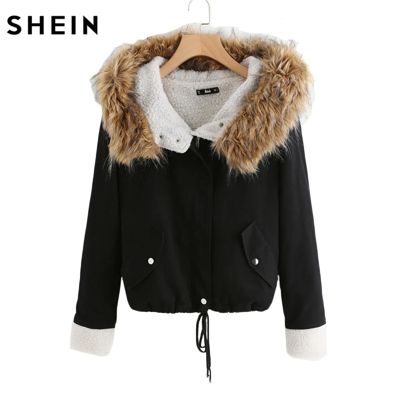 SHEIN Модная Куртка С Капюшоном Искусственным Мехом Парка Меховой Отделкой|jacket