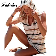 Fitshinling 2018 Summer knitted dress female hollow out sleeveless hooded beach dresses swimwear stripe sundresses women