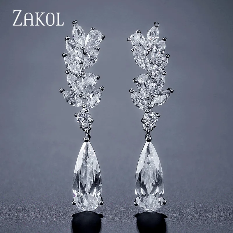 ZAKOL Sliver Color Flower Shape Zircon Water Drop Crystal Pendant Drop Earrings For Women Bridal Wedding Jewelry FSEP50L