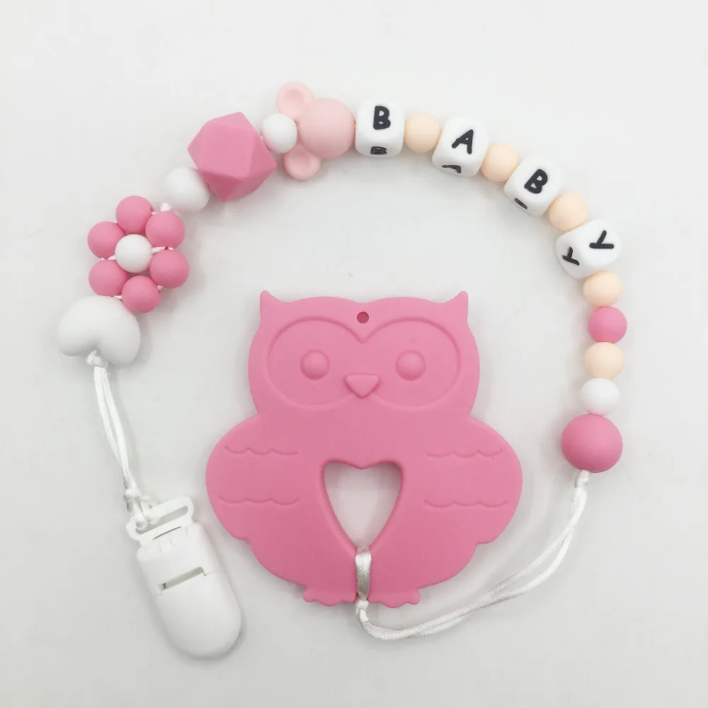 

Personalized Name Silicone Teething Pacifier Clips with owl Silicone teether Pacifier Chain Necklace for Baby Chew Toys