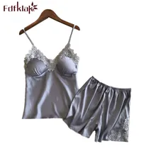 Fdfklak Сексуальные Спагетти ремень Короткое Летние пижамы комплект спортивный костюм Для женщин без рукавов Кружево шелковые пижамы Для женщин Pijama feminino
