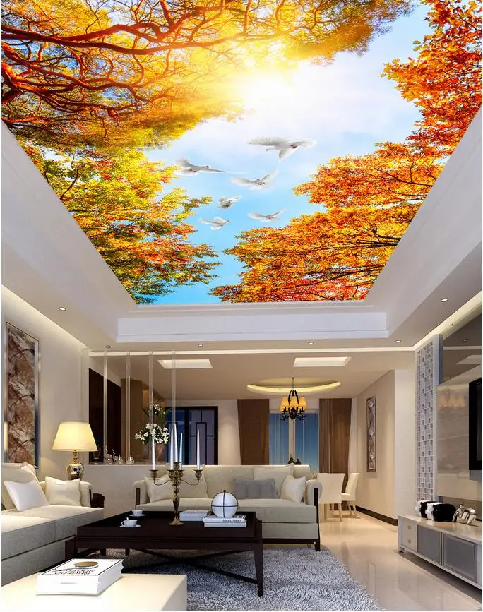 

Custom photo wallpaper Zenith ceiling Maple Leaf blue pigeons ceiling living room bedroom ceiling