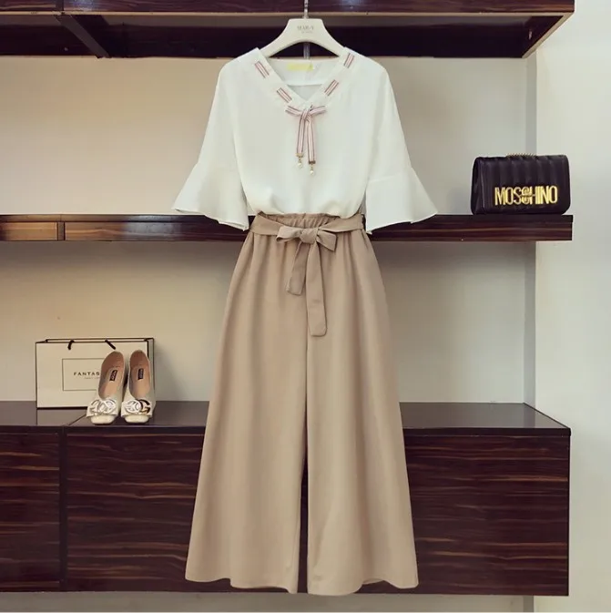 

2019 New Spring and Summer Women's Bow Loose Chiffon Shirt + High Waist Wide-legged Pants Two-piece Big Size Pants Set