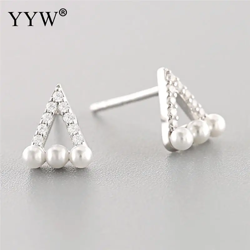

925 Sterling Silver Stud Earrings With Plastic Pearl Simple Small Cubic Zirconia Triangle Earring Female Ear Jewelry Hot Sale