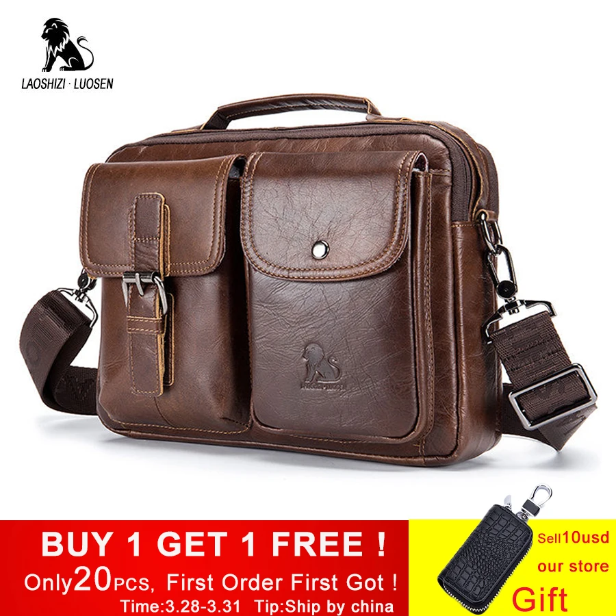 LAOSHIZI LUOSEN Genuine Leather Men's Shoulder Bag Vintage Male Handbags Messenger Bags Men Business Crossbody Bag Handtasche