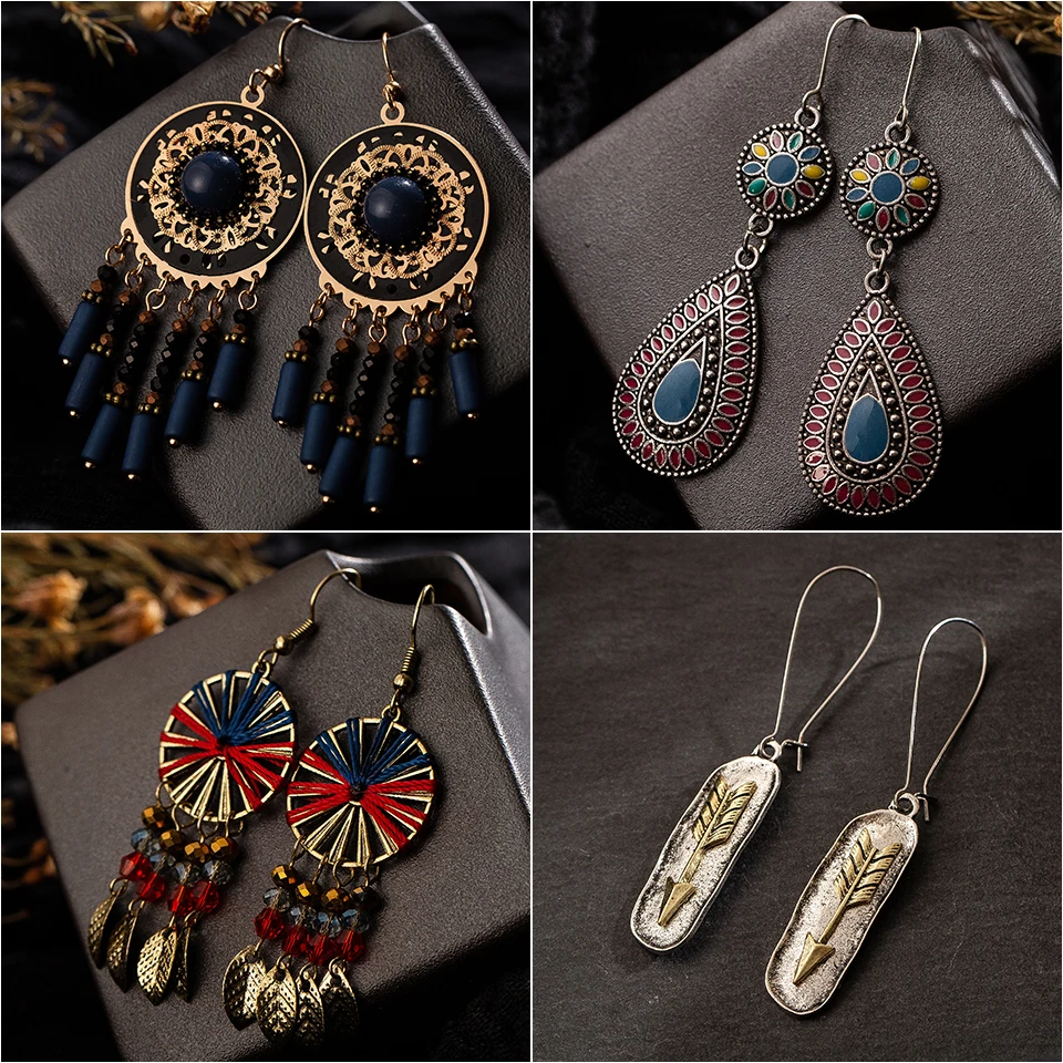 Multiple Vintage Ethnic Dangle Drop Earrings for Women Female Anniversary Bridal Party Wedding Jewelry Ornaments Accessories