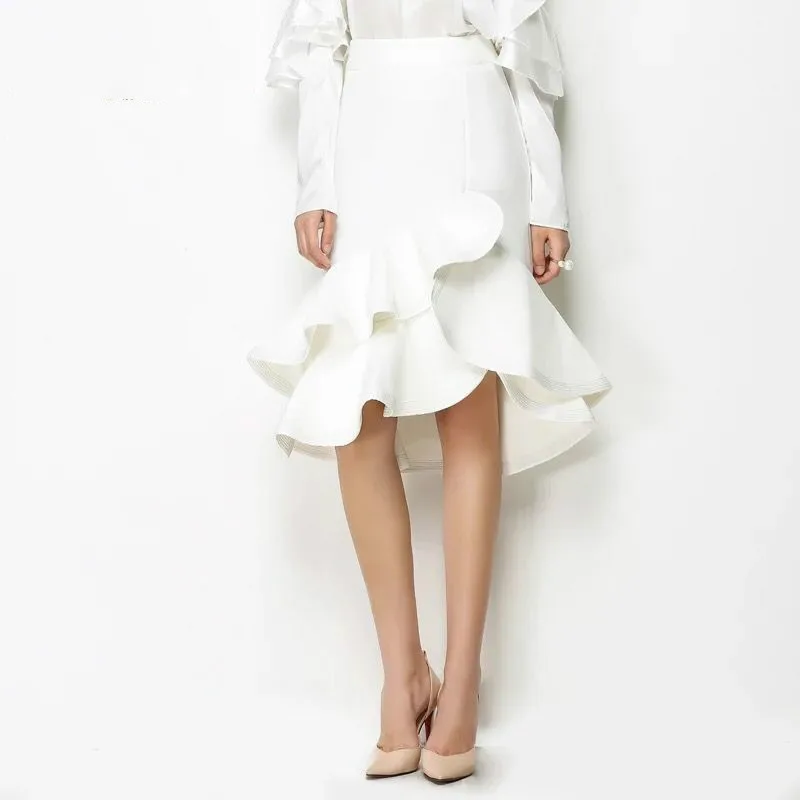 

New Mini Trumpet Skirt Women Luxury Ruffles Solid Black White 2018 Vintage Female Elegant A-line Party Skirts High Quality Hot