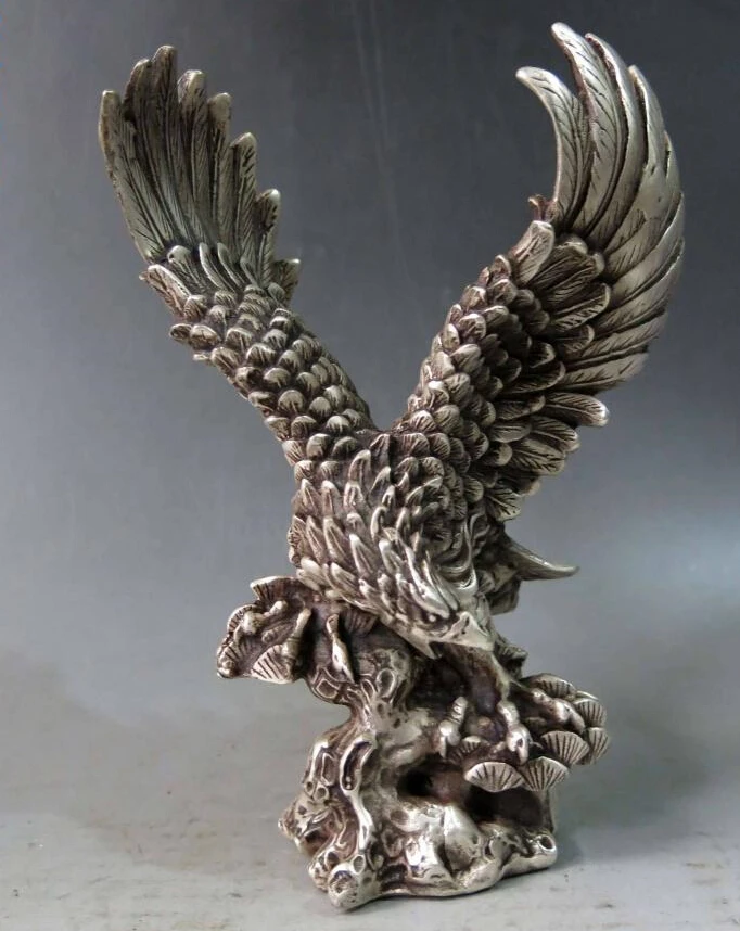 

8" China silver carved fina Realize one's ambition eagle Sculpture Statue