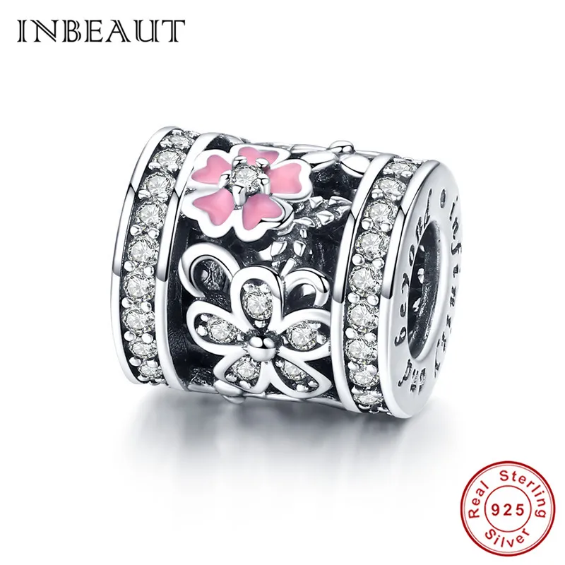

INBEAUT 100% 925 Sterling Silver Elegant White Cubic Zirconia Daisy Pink Clover Princess Flower Beads Charm fit Pandora Bracelet