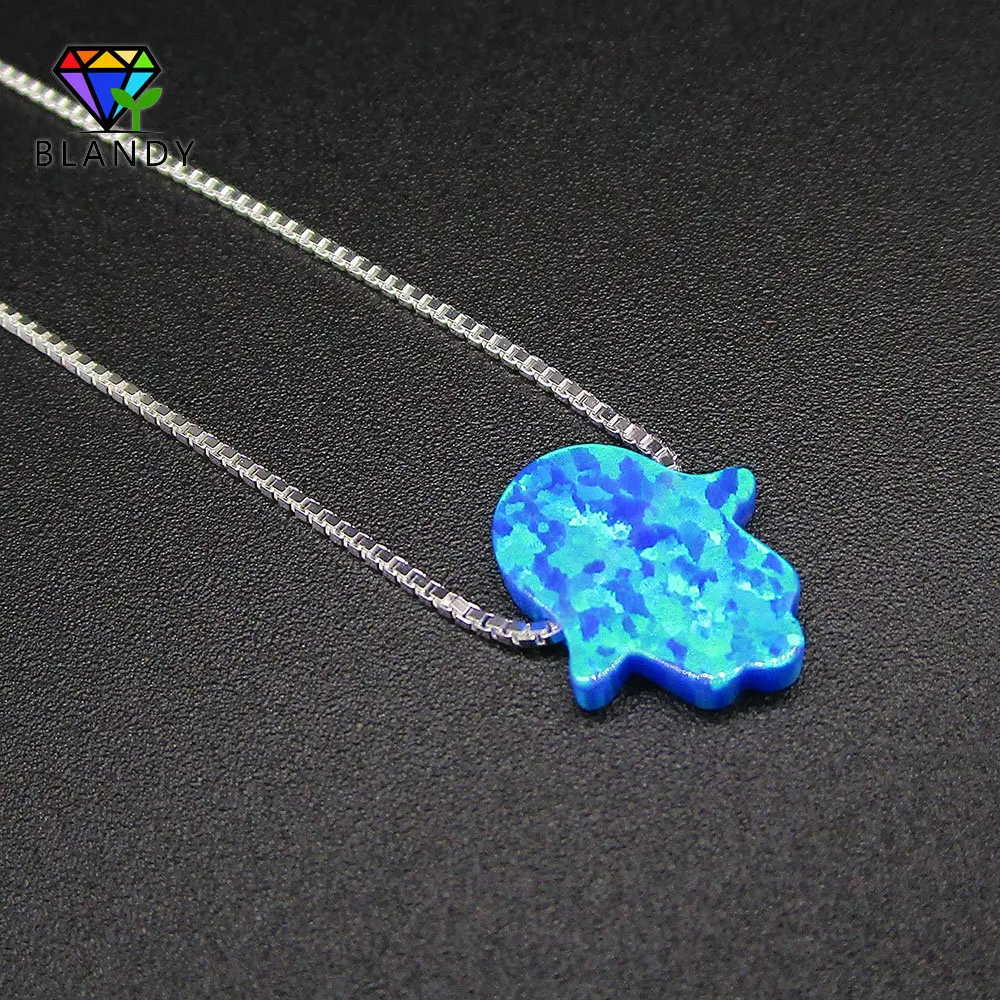 

Free Shipping 1pc/lot 925 Silver Necklace High Quality 11x13mm OP05 Blue Hamsa Opal Necklace For Women