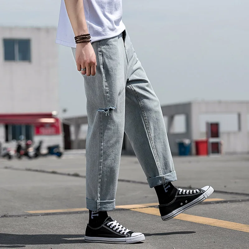 Spring Summer 2019 Fashion Man Straight Jean Men Ripped Holes Denim Pant Loose Falling Male Skateboard 4