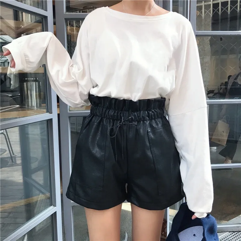 

Spring New Arrival Korean Style Leather Shorts High Waisted Loose Wide Leg Shorts Casual Women Elastic Waist Shorts