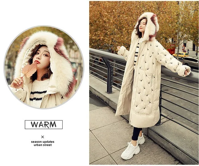 ZURICHOUSE Down Parka Women Long Hooded Fashion Embroidery Warm Natural Big Fur Collar White Duck Down Jacket Winter