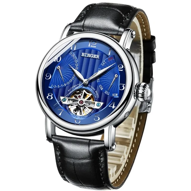 Новинка Бингер Relogio Masculino мужские часы Топ бренд класса люкс турбийон автоматические механические часы мужские наручные часы со скелетом - Цвет: Silver Blue