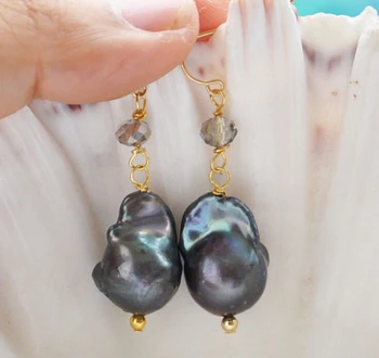 

00 FREE SHIPPING d** z6163 19mm baroque black keshi reborn pearl faceted crystal dangle earring