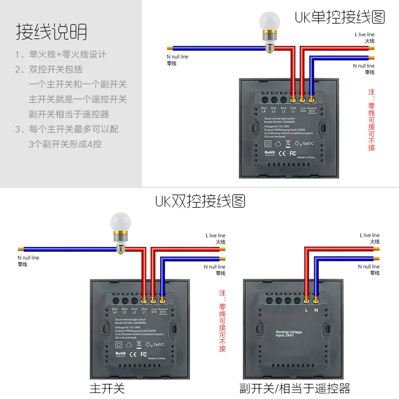 EU/UK Standard Wireless Remote Control Dimmer Light Switch 1 Gang Touch Panel 110V to 240V Blue LED Backlight DIY Smart Home