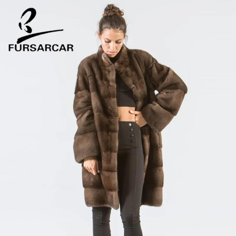 

FURSARCAR New Real Fur Coat For Women Winter Elegant 90 CM Length Thick Mink Coat With Fur Collar Whole Skin Mink Fur Jackets