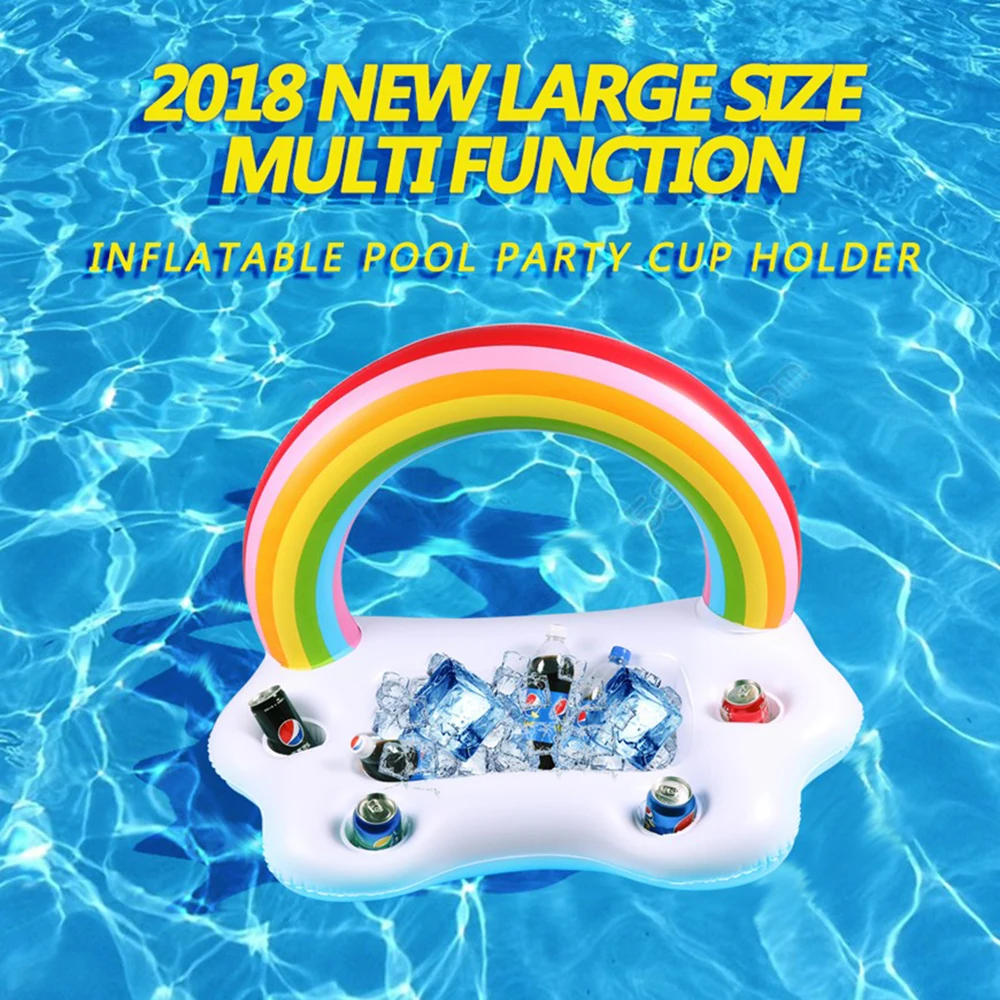 

2018 Latest Pool Party Decoration Rainbow Ice Bucket Beer 4 Holders PVC Swimming Float Water Toys Inflatable Drink Cup Holders