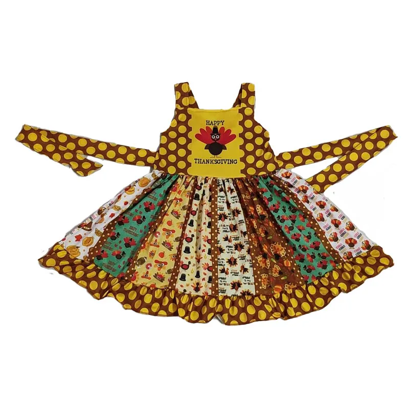 Коллекция года, платье для маленьких девочек с рисунком в виде индейки эксклюзивные Детские платья с точечным ремешком детская одежда с надписью на День Благодарения gxj