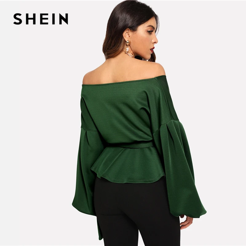 Женская офисная блузка SHEIN элегантная однотонная зеленого цвета с открытыми