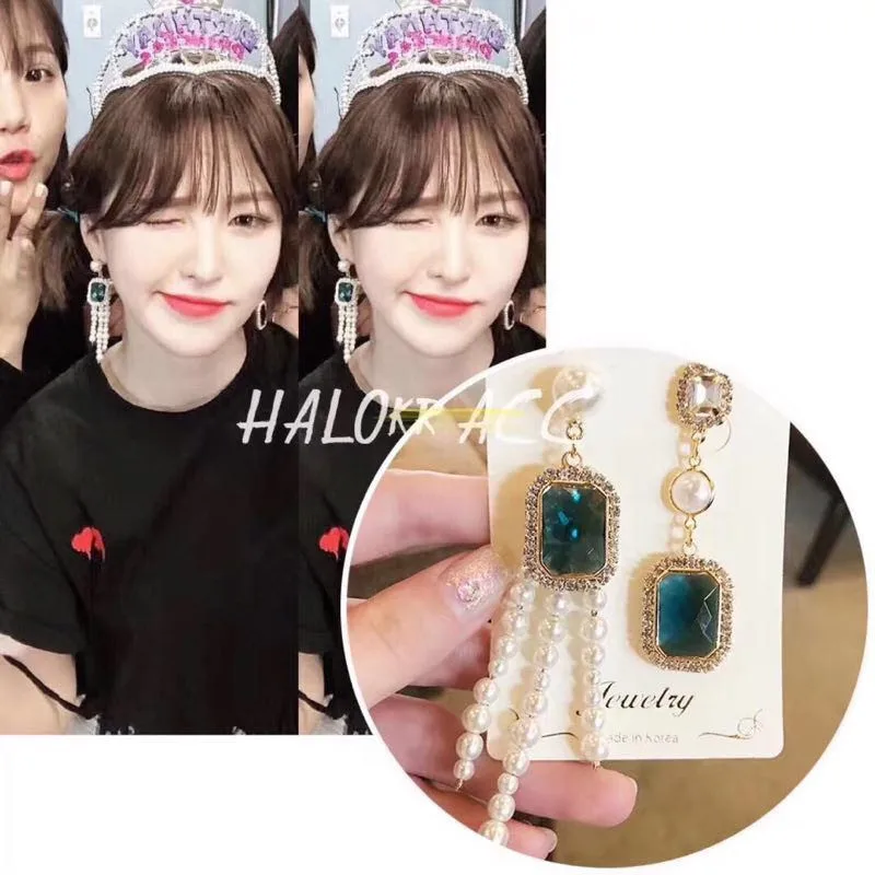 

Lovely Shiny Square Rhinestone Asymmetry Temperament Long Chain Pearl Tassel Drop Pendientes Fashion Women Earrings Party Gift