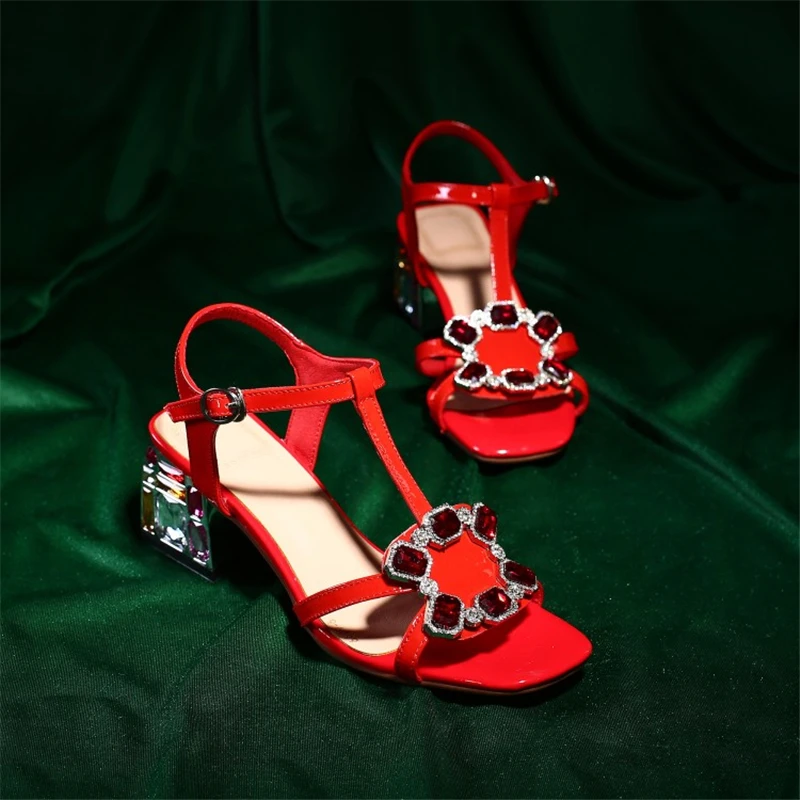 Ouqinvshen Red Rhinestone Sandals Sexy Fashion Buckle Strap Peep Toe Summer Sandals 2019 Square Heel High Heels Pumps Women 6CM Ouqinvshen Red Rhinestone Sandals Sexy Fashion Buckle Strap Peep Toe Summer Sandals 2019 Square Heel High Heels Pumps Women 6CM
