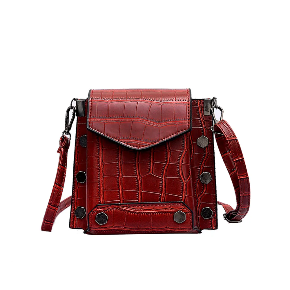 Женская маленькая квадратная сумка с каменным узором, новинка, однотонная сумка на плечо с заклепками, сумка через плечо в Корейском стиле Ja24 - Цвет: RD
