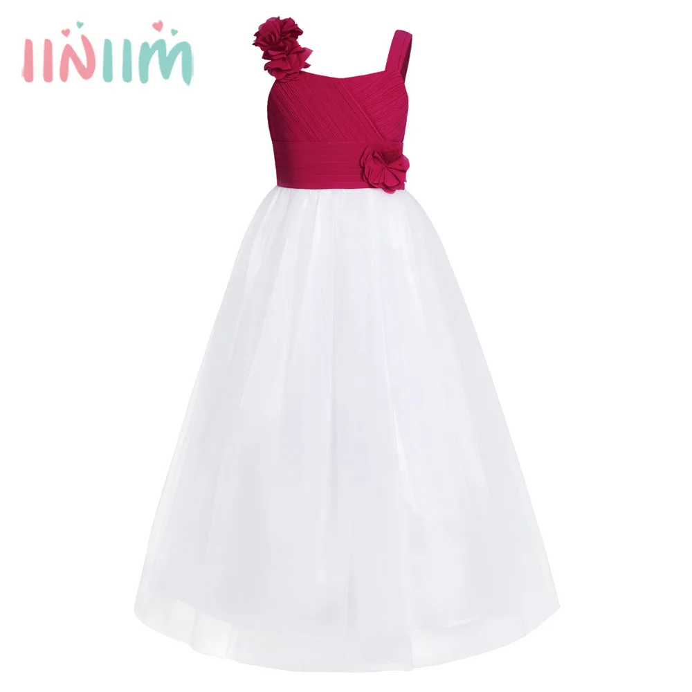 

Girls Chiffon Princess Ankle Length Shoulderless with 3D Flower Dress Child Clothes Vestidos for Wedding Birthday Party Clothing