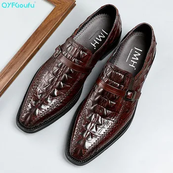 

QYFCIOUFU Mens Genuine Leather Crocodile Pattern Buckle Oxfords Square Toe Men Dress Shoes Boss Business Work Party Brand Shoes