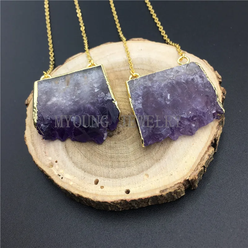 MY0860 Purple Crystal Quartz Stalactite Slice with Double Bails,Amethysts Gold Electroplated Pendant Gold Chain Necklace (1)