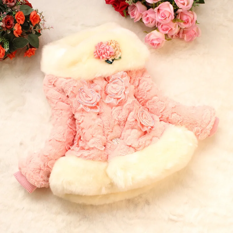 

Girls Winter Faux Fur Turn Down Collar Thick Warm Beading Floral Pink Cute Down Coats Parkas Kids Baby Plus Velvet Outwear Hot