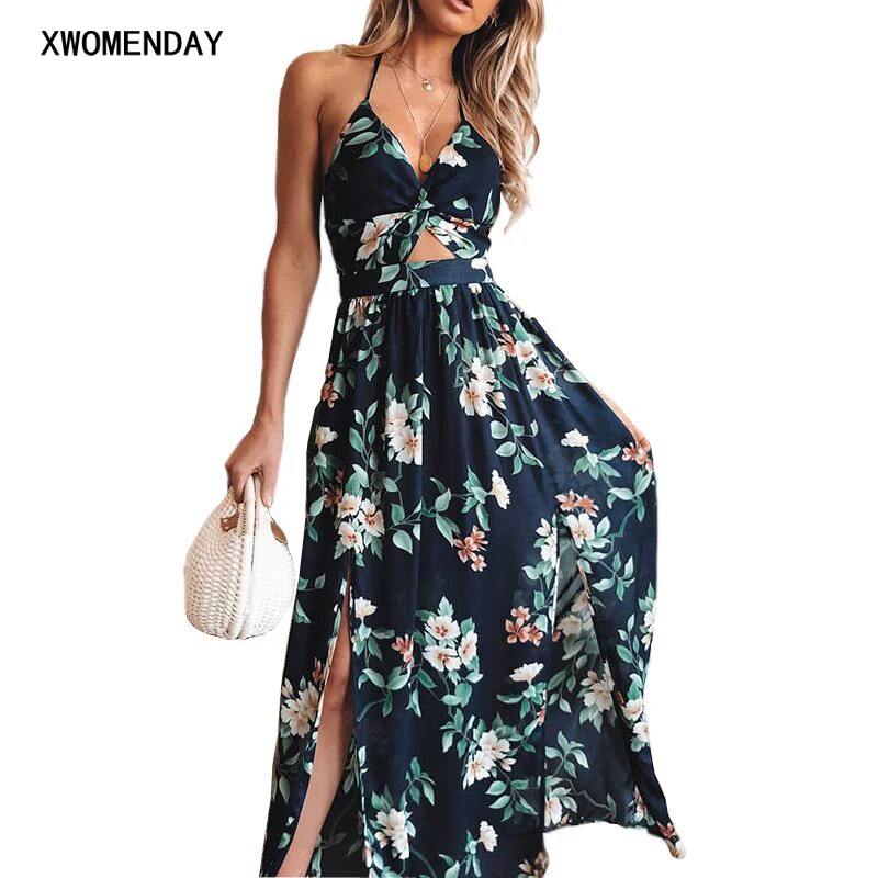 Sexy Lace Up Alter Party Dresses Women High Split Sleeveless Off shouder Maxi Dress Female 2019 Summer Long Strap Dress Vestidos