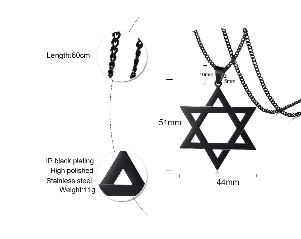 Для мужчин классический Звезда Давида, кулон Цепочки и ожерелья в Цвета: черный, золотистый, серебристый Нержавеющая сталь израильские, еврейские ювелирные изделия 24 дюймов