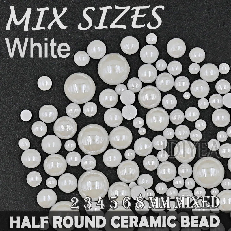 

1100pcs/lot White Mix Sizes Ceramic Beads Half Round Flatback Pearl 2mm 3mm 4mm 5mm 6mm 8mm mixed for DIY Nail jewelry Garment