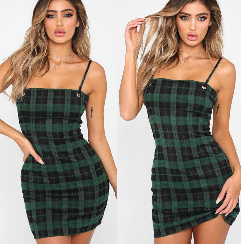 

Fashion Women Lady Bodycon Sleeveless Party Club Short Mini Dress Green Plaid Sundress Women Summer Clothing
