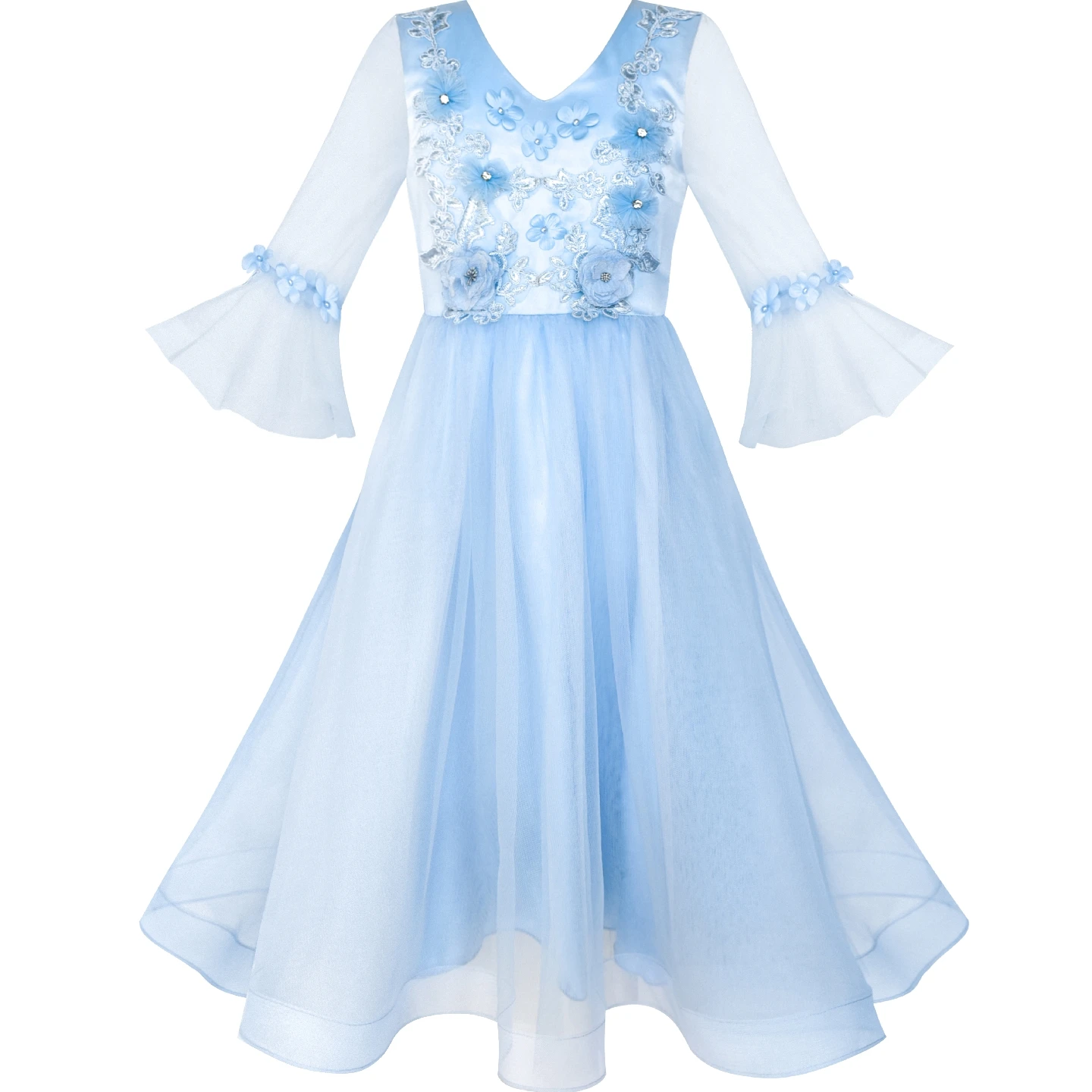 

Flower Girls Dress Blue Bell Sleeves Wedding Bridesmaid 2019 Summer Princess Party Dresses Children Clothes Pageant Sundress